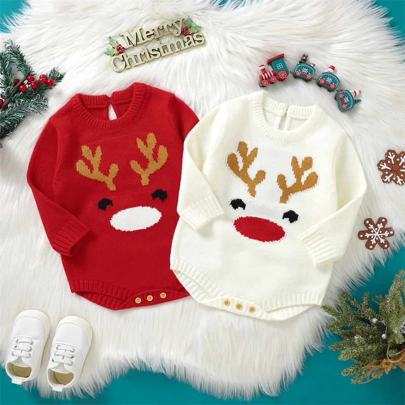 

Newborn Christmas Rompers Autumn Winter Baby Girls Long Sleeve Crew Neck Deer Print Knit Jumpsuits for 0-18 Months