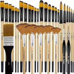 Deluxe 30-Piece Artist Paint Brush Set with Premium Nylon Bristles (Wood color)