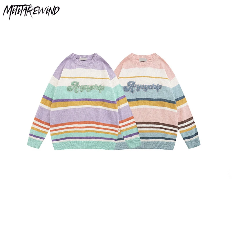 

2023 Striped Casual Sweaters Couple Autumn Winter Patchwork Casual Pullovers Harajuku New Streetwear Jumper Knitwear Sweaters