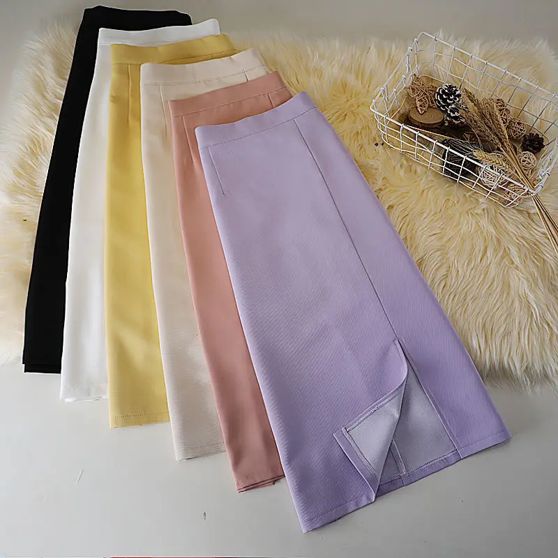 

Summer Bodycon Woman Skirts High Waist Split Solid Color Faldas De Mujer Office Lady Slim Temperament Jupe Women Black Skirt