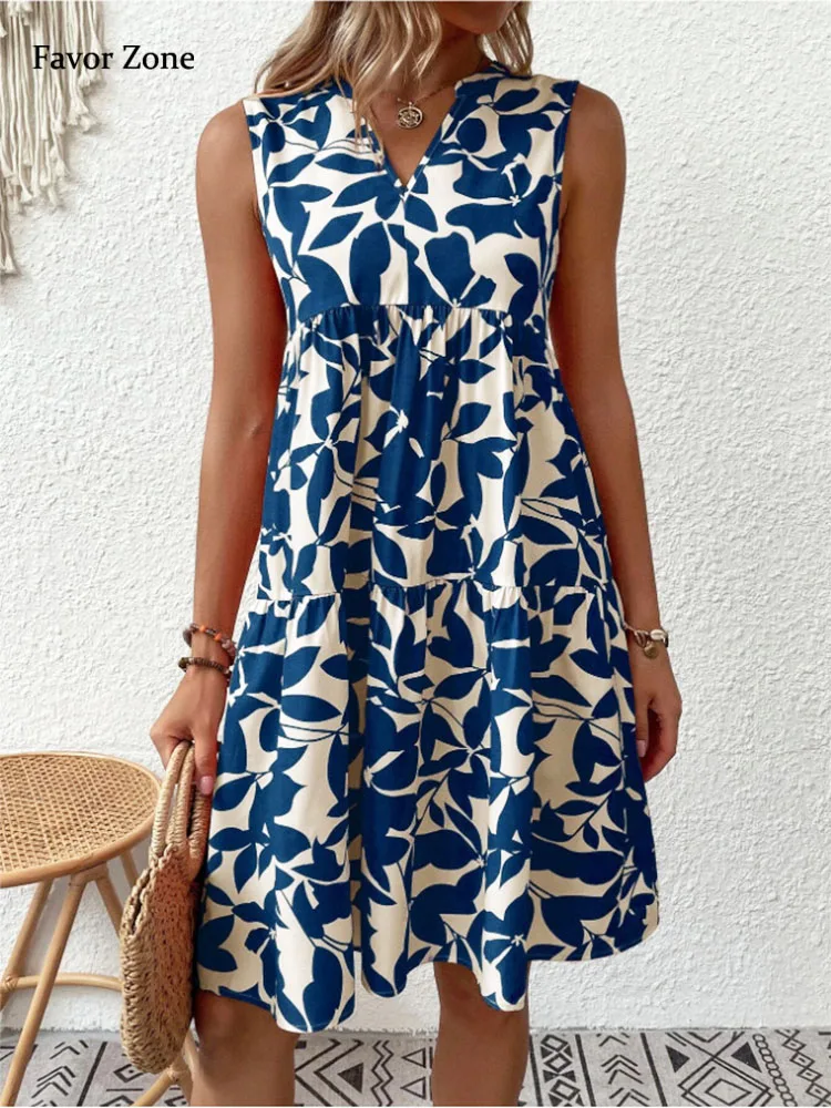 

Summer bohemian Holiday Mini Dresses For Women 2023 Casual Loose Floral Print V-neck Boho Beach Dress Sleeveless Short Sundress