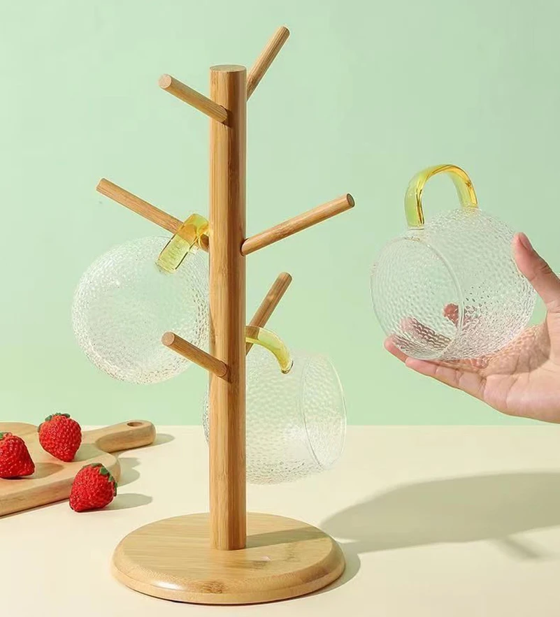 Set Tree Shape Wood Coffee Tea Cup Storage Holder Stand Mug Hanging Display Rack Drinkware Shelf 6 Hooks Home Kitchen1
