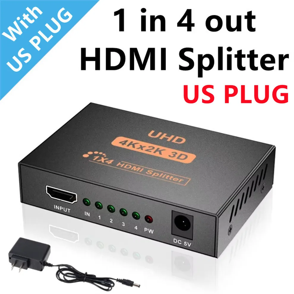 4K Ultra HD Audio Video HDMI Splitter - 1 Input to 4 Outputs with Amplifier Adapter