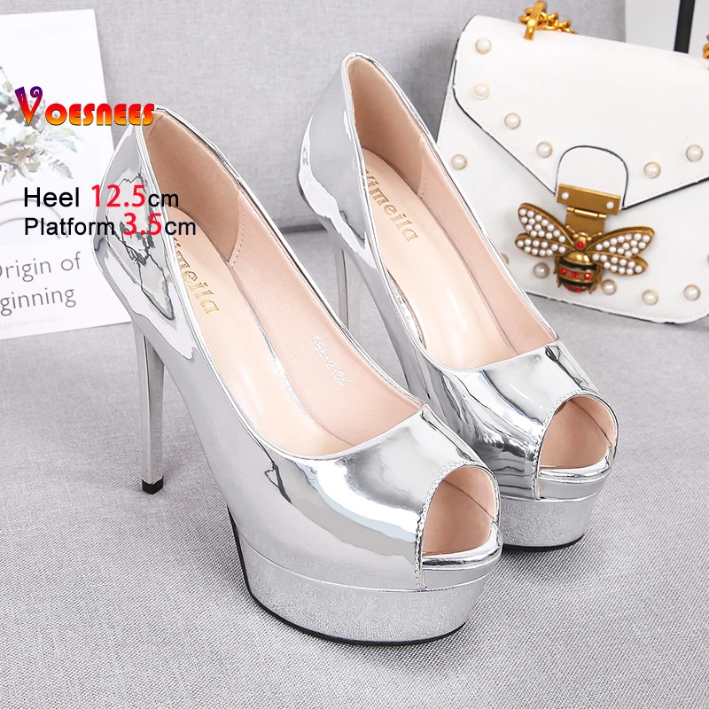 Peep Toe Single Shoes Women Banquet High Heels 12.5CM Stiletto Silvery Party Dress Shoes Spring Autumn Office Work Female Pumps 2