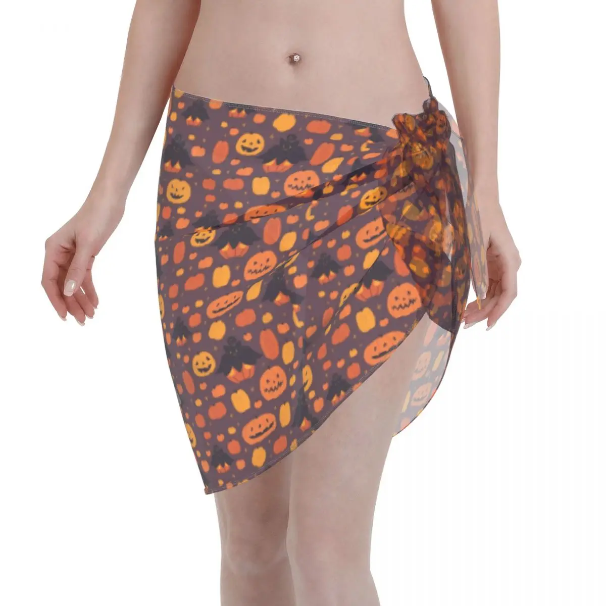 

Cartoon Pumpkin Bat Women Beach Wrap Chiffon Swimwear Pareo Scarf Sarong Beach Wear Halloween Bikini Cover-Ups Skirt Swimsuits