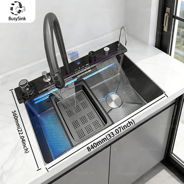 อ่างล้างผักอเนกประสงค์แบบน้ำตก สแตนเลส ขนาดใหญ่ ช่องเดียว พร้อมก๊อกน้ำดิจิตอลอัจฉริยะ อ่างล้างจานในครัว 1