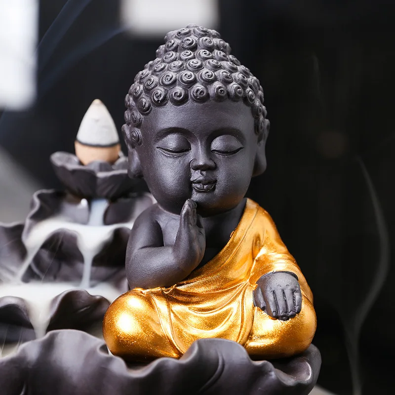 Ceramic Little Monk Smoke Backflow Burner Incense Stick Holder Maitreya Buddha Statue Porcelain Waterfall Censer Home Decor