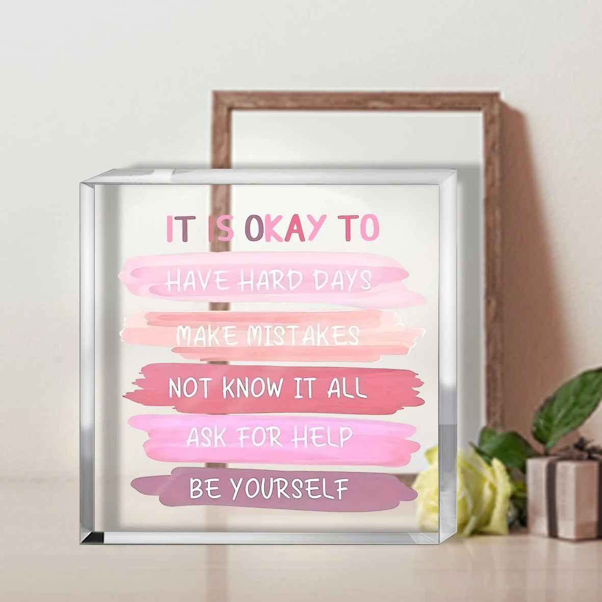 1pcClear Freestanding Quote Sign, Pink Brushstroke Affirmations For Desk, Study Or Counseling Room | Home Decor, Teacher Gifts, 5
