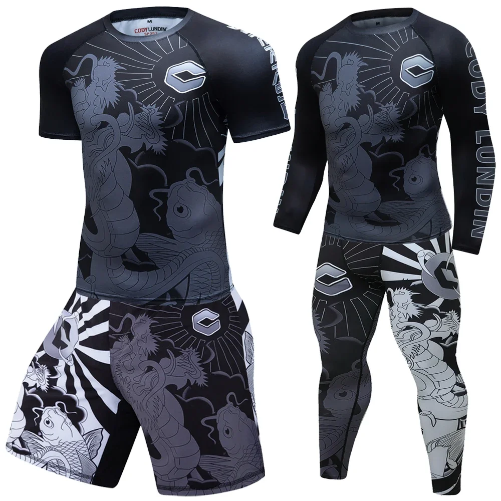 Mens Boxing Compression Rash Guard T-Shirts+Pants Sets Base Layer Athletic MMA Shorts BJJ No Gi Full Sportsuit Rashguard Shirt
