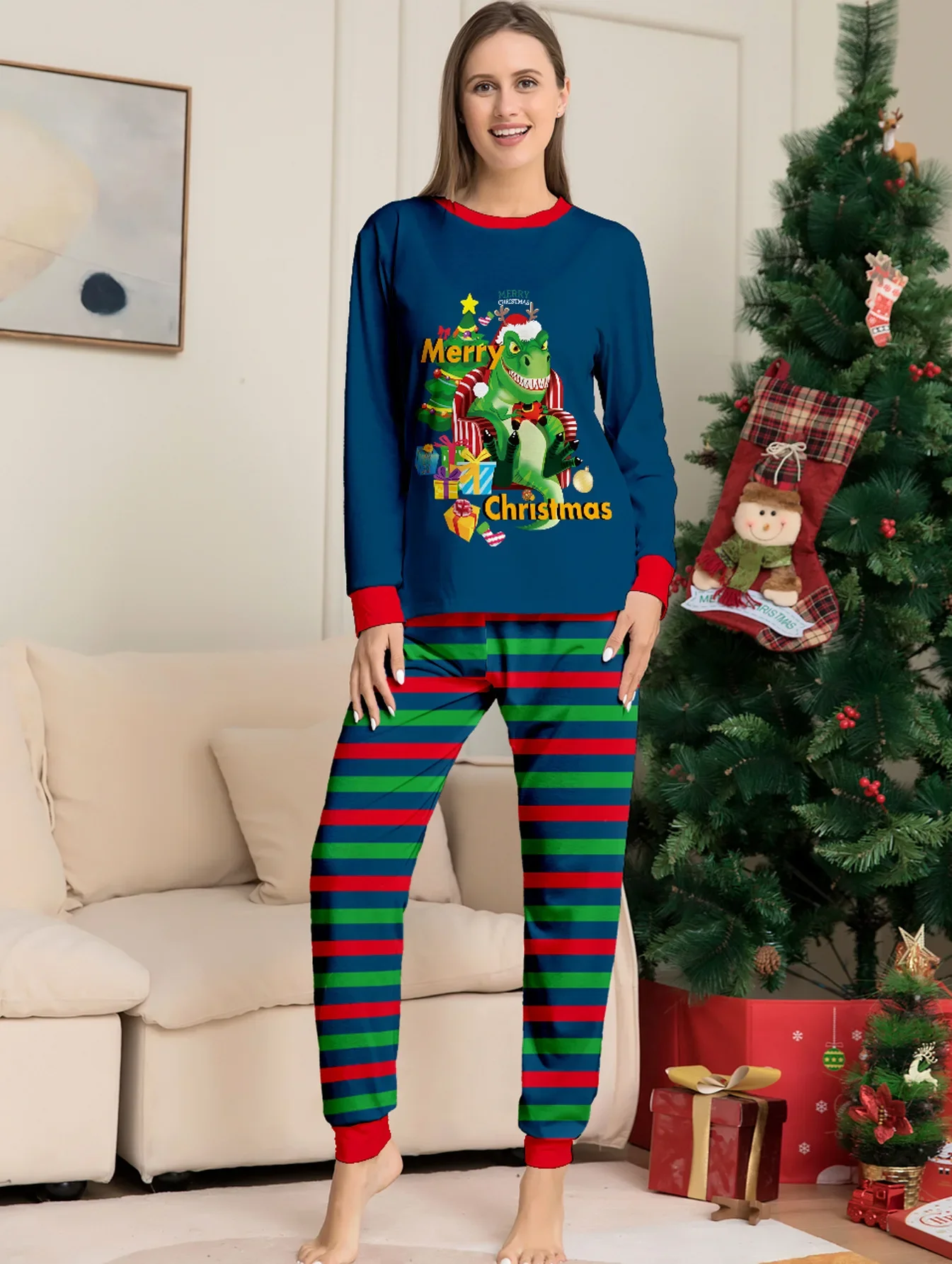Merry Christmas Dinosaur Print Matching Outfits for Family 2024 New Cute Soft Adults Kids Pajamas Set Baby Dog Romper Xmas Look