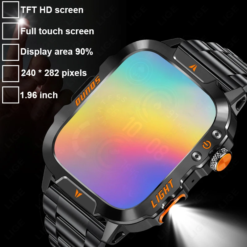 LIGE 1.96 inch HD Screen Smart Watch With LED Lighting IP68 Waterproof Outdoor Sports Health Monitor Smartwatch For Android IOS