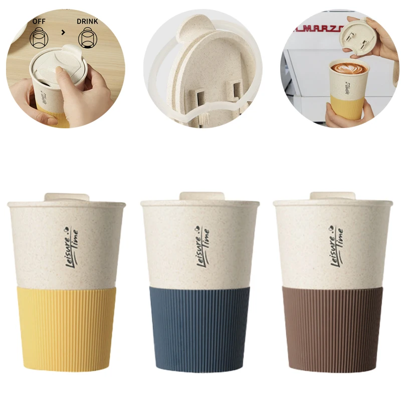 400ML Coffee Mug With Lids Wheat Straw silicone Milk Tea Travel Bottle Reusable Portable Juice Cup Dishwasher Safe Coffee Mug