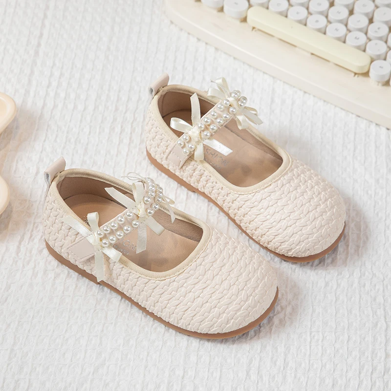 Girls Woven Princess Shoes Elegant Beading Fashion Children Performance Shoes Sweet Kids Leather Shoes for Party Wedding