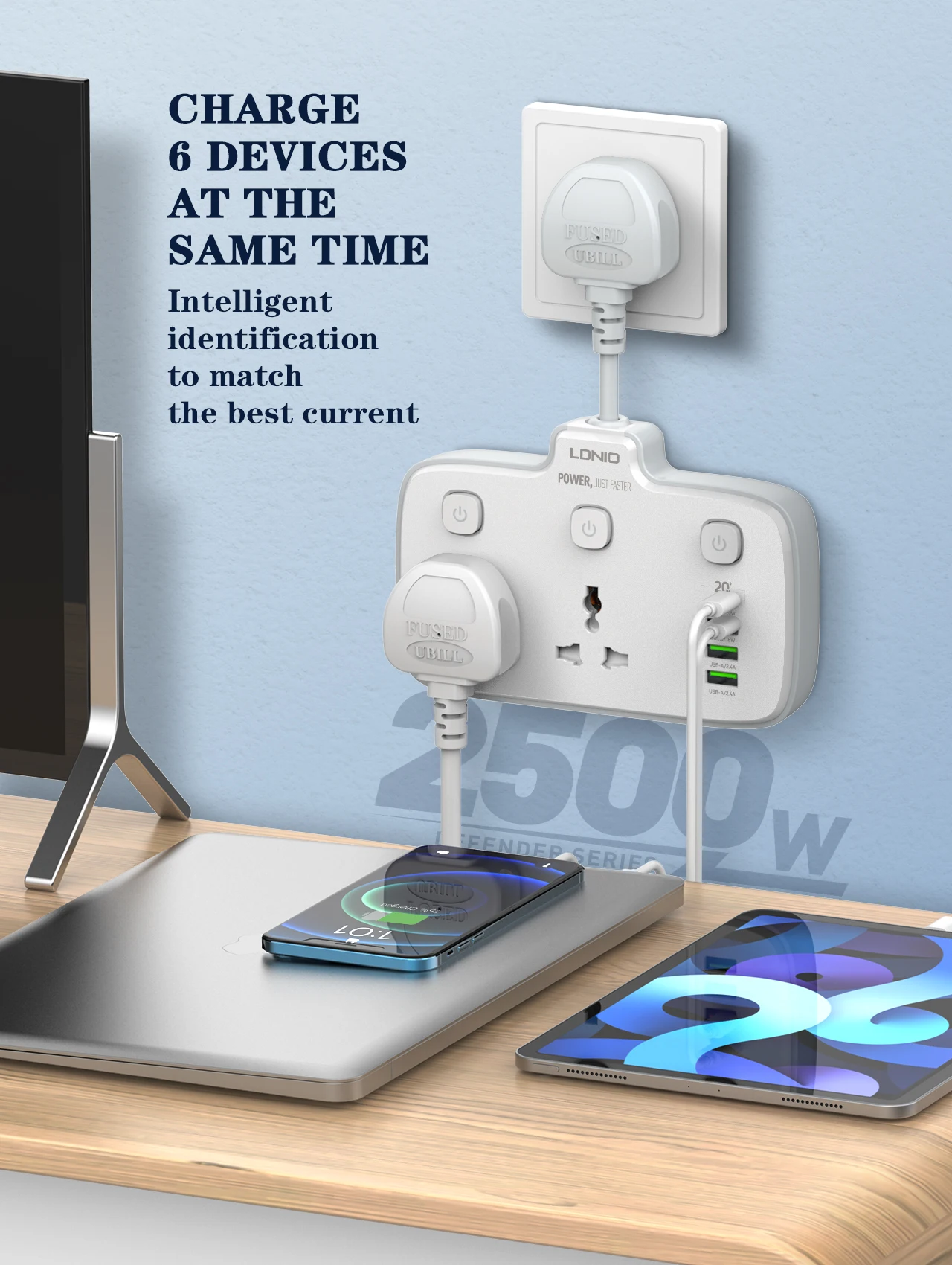 LDNIO SC2413 Fast Charging Power Strip With PD & QC Port Protector Power Strip Type C Universal Outlet Extension EU UK Plug