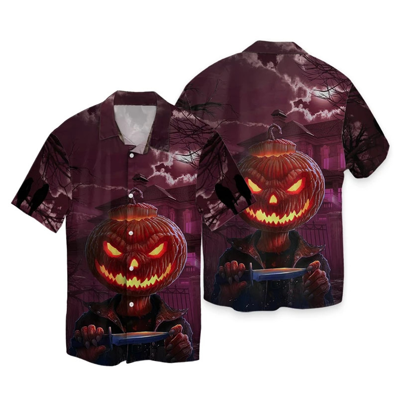 thumbnail image 1 of Camisa hawaiana de Halloween para hombre, ropa informal con estampado floral de manga corta, ropa de calle grande, botones 3D, camisetas de playa, camisas de verano de talla grande para hombre, 1 of 5