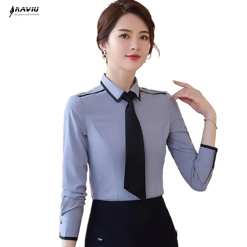 

NAVIU модная серая рубашка с галстуком Женская с длинным рукавом 2023 новая весенняя темпераментная деловая формальная Тонкая Блузка офисные женские топы для работы