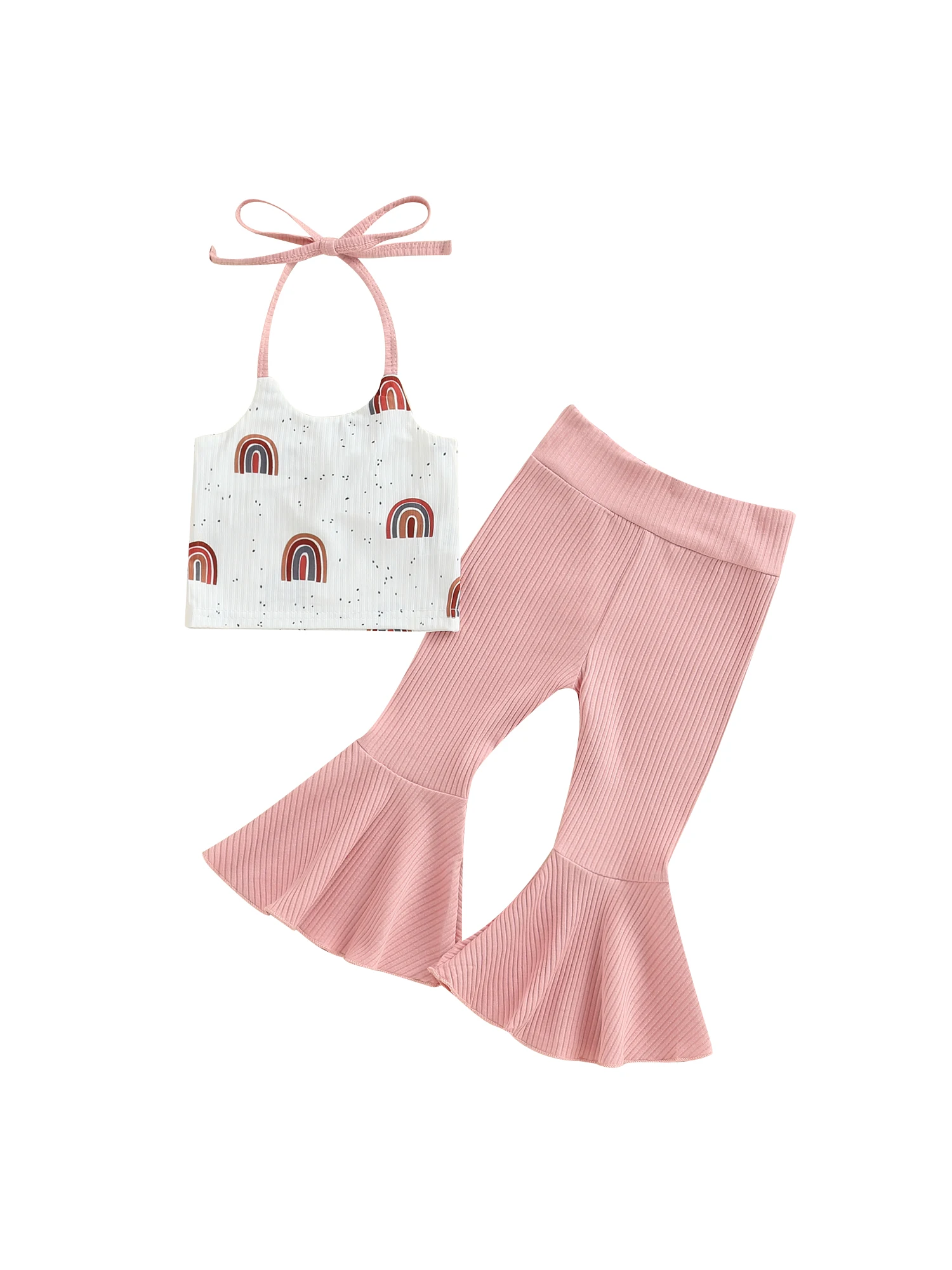 

Летняя одежда для маленьких девочек, топ без рукавов с радужным принтом и завязкой на шее, однотонные расклешенные брюки, комплект одежды из 2 предметов