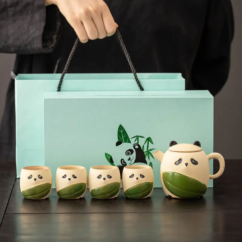 Panda Tea Cup Hand-painted Internet Celebrity Rough Kiln Set Ceramic Ge Kiln Cups Gift Tea Pot Gift Box with Hand