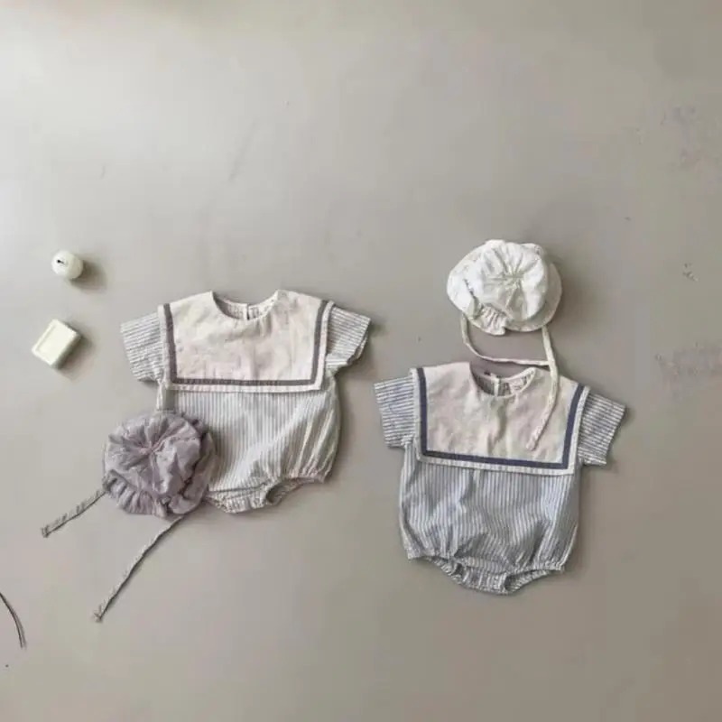 2026 여름 새  짧은 소매 바디 슈트 코튼  소년 소녀 선원 칼라 스트라이프 점프 슈트 얇은  의류 0-24M