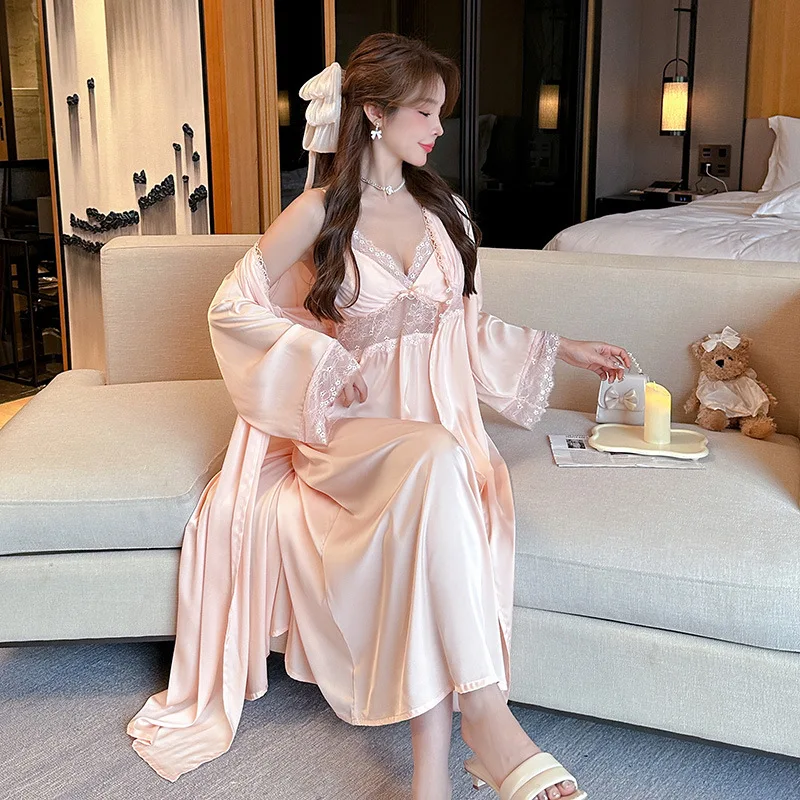 Female Sexy Lace Long Nighty&Robe Set Nightgown Spring Autumn Sleepwear Suspender Nightdress Intimate Lingerie Satin Homewear