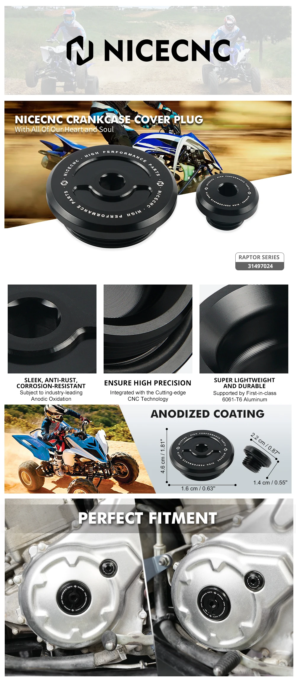 NiceCNC ATV-Kurbelgehäuse-Abdeckungsstopfen für Yamaha YFZ450R 2009–2023, Raptor 700 2006–2023, Grizzly 550–700, Kodiak Viking Wolverine – Detail 2