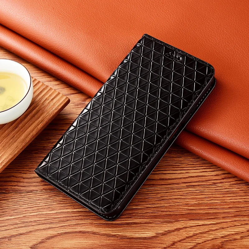 

Grid Pattern Genuine Leather Magnetic Flip Phone Case For OPPO A52 A53 A53s A54 A54s A55 A55s A56 A57 4G 5G Wallet Cover