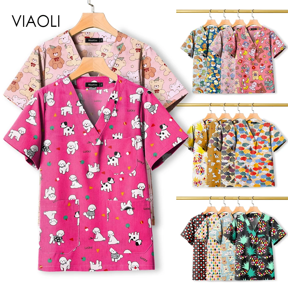 

Модные принадлежности для медсестер, хирургические Топы с коротким рукавом и принтом, унисекс, хлопковый хирургический халат, косметологическая спа-униформа для женщин