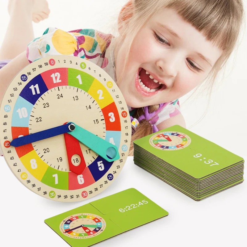 Educational Toys Wooden Clock Toys Wooden Clock Model Teaching Aid Montessori Learning Clocks with Cards Kindergartner Toy for Game Interaction Playroom Wall