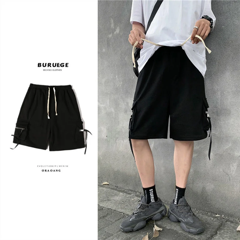 

Hiphop Five Points Casual Shorts Thin Summer Zipper Big Pocket Overalls Trend Casual Loose Wide Leg Straight Elastic Waist Pants