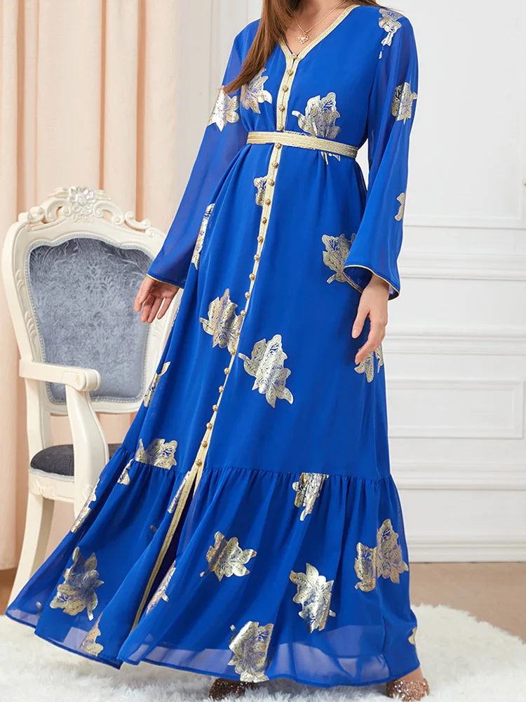 

Party Dresses Women Printed Long Sleeve V-Neck Button Tape Trim Belted Kaftan Split Hem Clothes for Women