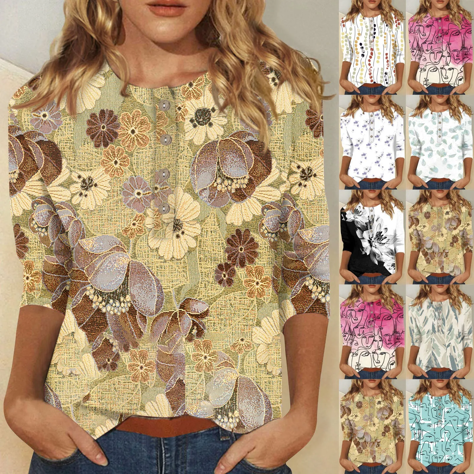 

2023 New Women's Pullover Casual 3/4 Sleeve Top Slim Fit T-shirt Printed Round Neck Top Versatile Casual Short Top Slim Fit