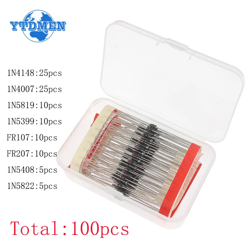 100PCS 8 Value Rectifier Diode Kit 1N4007 1N4148 1N5819 1N5399 1N5408 1N5822 FR107 FR207 Fast Switching Diodes