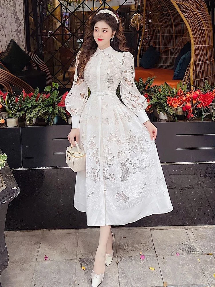 CHICEVER Lace Embroidery Dresses For Women Lapel Puff Sleeve Hollow Out  High Waist Solid A Line Elegant Midi Dress Female New - AliExpress