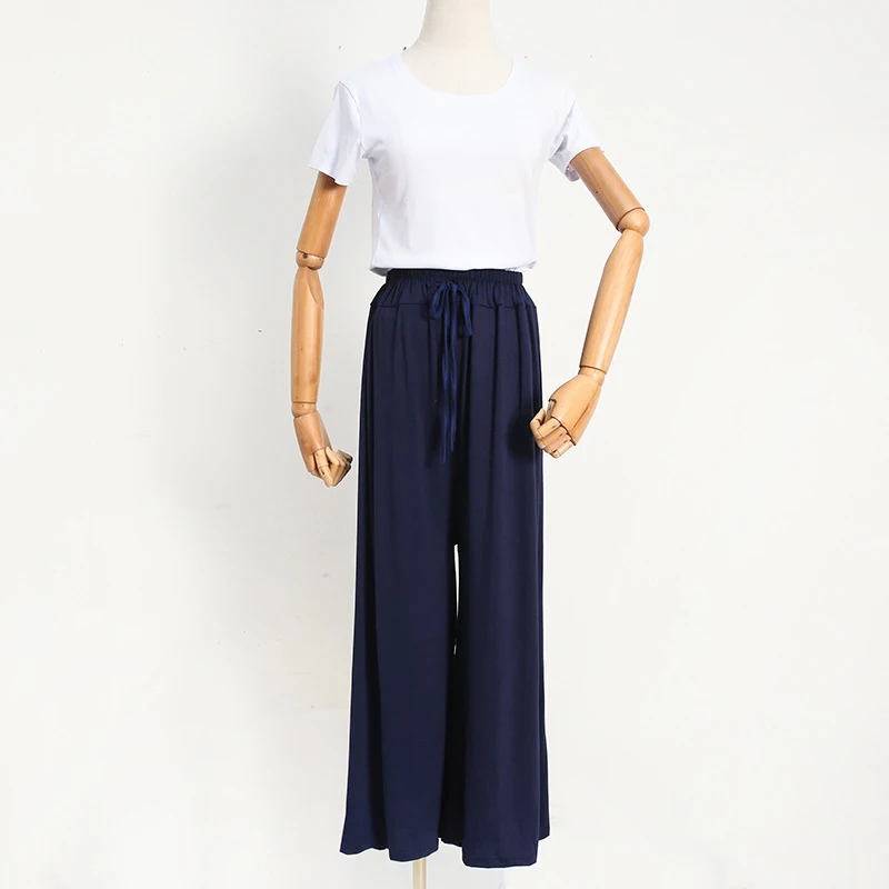 Casual 2025 Lady Trend Elastic Waist Drawstring Lace-up Straight Loose Wide Leg Pants Solid Trouser Summer Solid Women Clothing