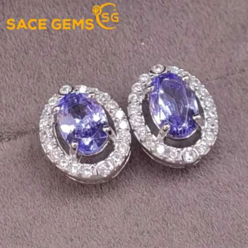 

SACEGEMS New Earrings for Women 925 Sterling Silver 4*5MM Natural Tanzanite Stud Earrings Engagement Cocktail Party Fine Jewelry