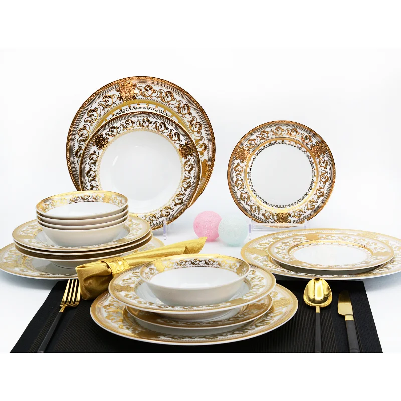 98pcs Hot sale royal porcelain dinner set luxury modern Dinnerware embossed  gold decoration bone china Kitchenware - AliExpress
