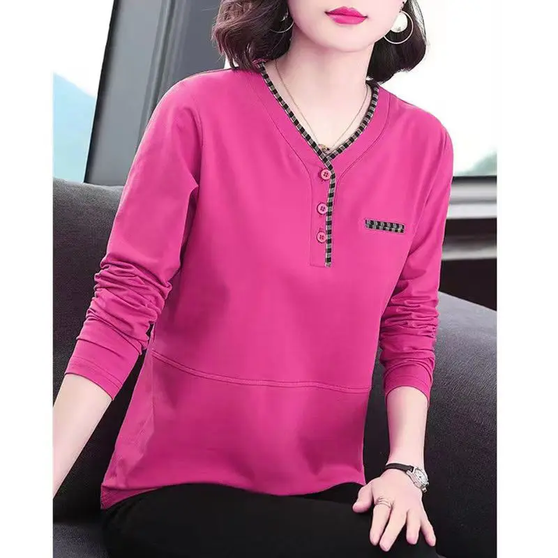 Fashion Versatile Oversize Women's Clothing Splice Buttons V-Neck Long Sleeve Simplicity Solid Color Commuter Pullover Shirt