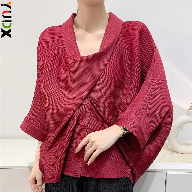 

Женская Асимметричная плиссированная рубашка миаке с рукавами-фонариками, дизайнерская корейская мода, Свободный пуловер с шарфом и воротником, футболки, топы, осень 2024