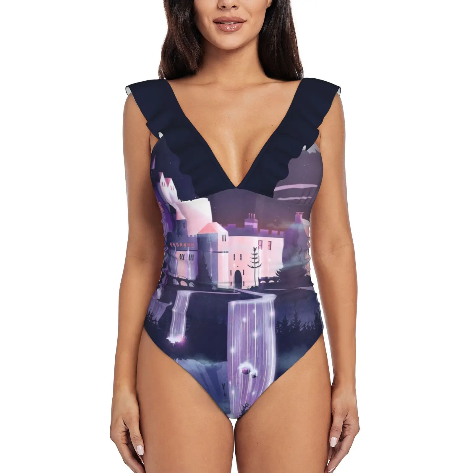

Waterfall Castle New Print Swimwear Deep-V Ruffle Swimsuit One Piece Swimsuit Beach Wear Monokini Medieval Castle Gothic Dark