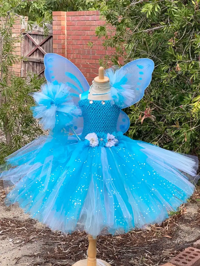 Bebê meninas azul branco glitter tutu vestido crianças borboleta fada flor  vestido com hairbow asa vara crianças festa traje vestido