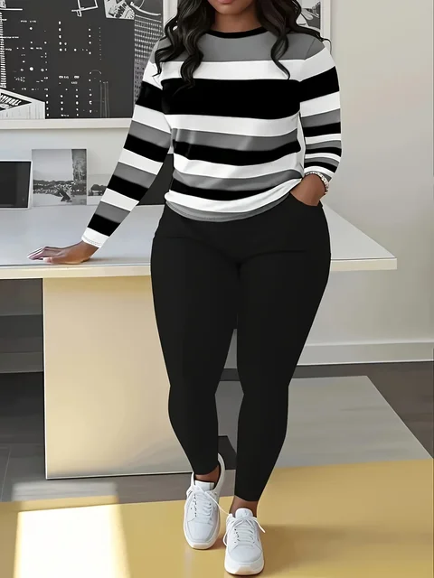 Haut à manches longues et pantalon long pour femme, ensemble de vêtements assortis, col rond, bloc tournant décontracté, grande taille, 2 pièces 3