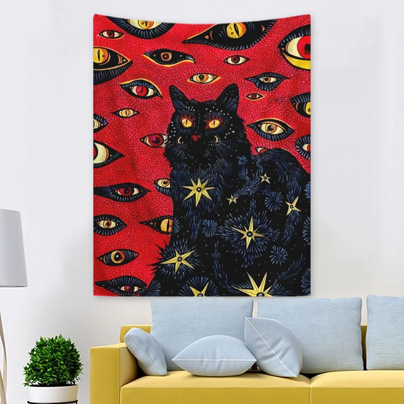 1 Stück Katzen-Wandteppich, Katzen-Wandteppich mit Fantasie-Augen, Schlafzimmer, Wohnzimmer, Heimdekoration, Wandbehang – Detail 13