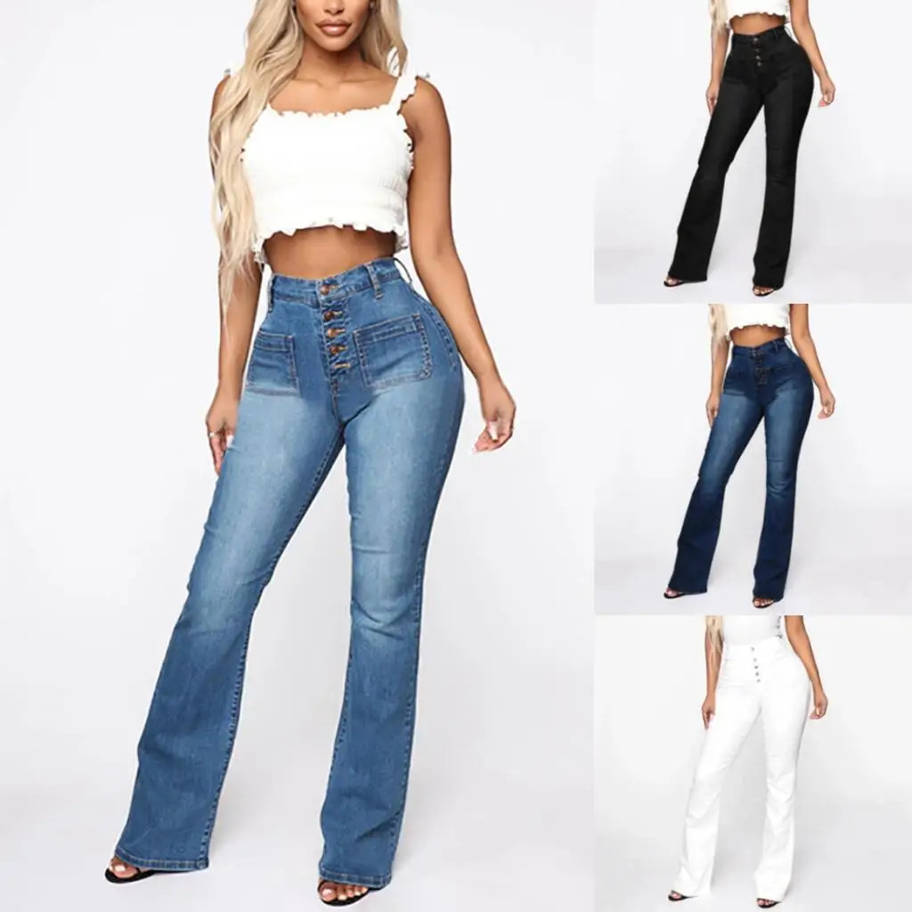 

Fashion Women's Tight Jeans Button Patch Pocket Wash Long Pants Jeans Spring Autumn Ladies Flare Pants High Stretch Jeans