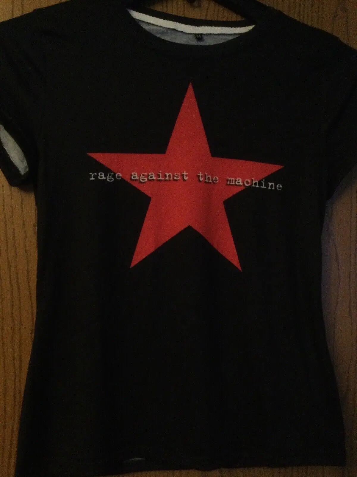 Rage Contro La Macchina Red Star Design On Black T Shirt Ladies M Poly Blend Maniche Lunghe O Corte