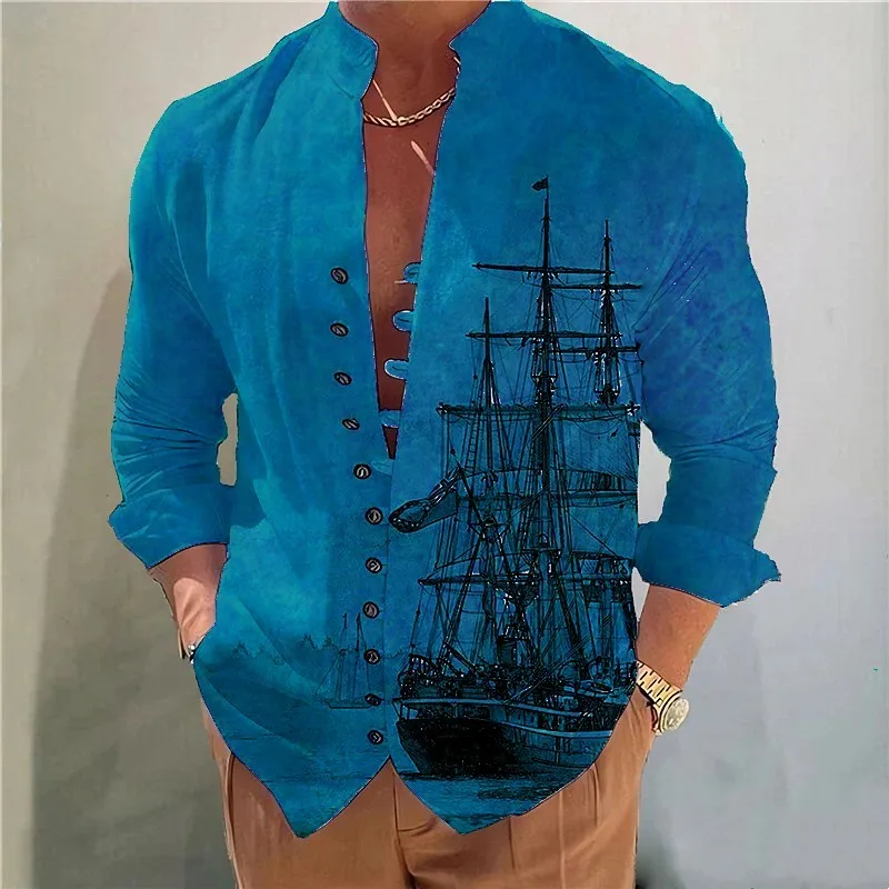 

Spring Autumn Sailboat printin Hot Sale Men's Long-Sleeved Shirts Solid Color Stand-Up Collar Casual Style Plus Size Shirts