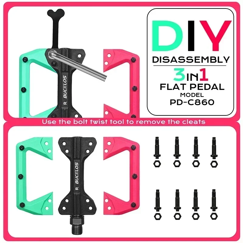 BUCKLOS Mountain Bike Flat Pedals Nylon Fiber DIY Bicycle Footboard Mtb Pedal with Removable Anti-Skid Nails Cycling Accessories