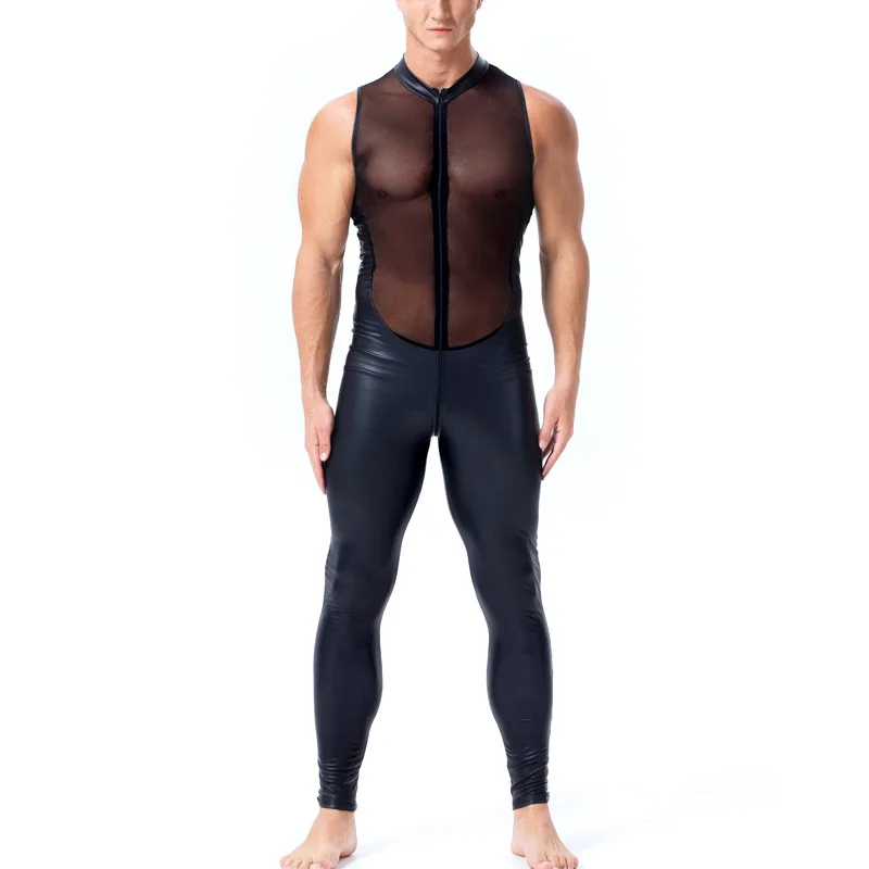 Sexy Men's Wetlook Elastic Bodysuits Zip Open Crotch Mesh Pu Leather
