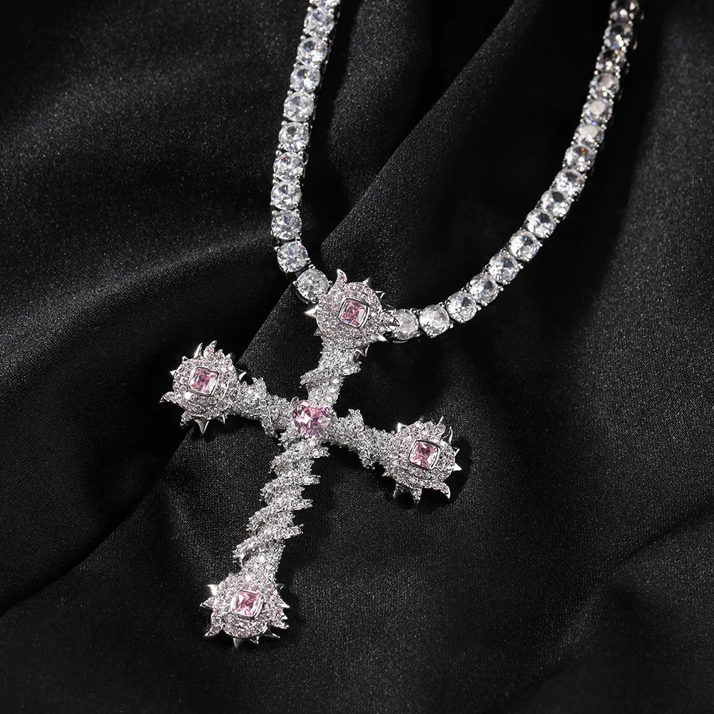 

Pink Stone Heart Cross Shape Iced Out Bling Pendant Necklace Mirco Pave Prong Setting Rock Rapper Fashion Hip Hop Jewelry BP235