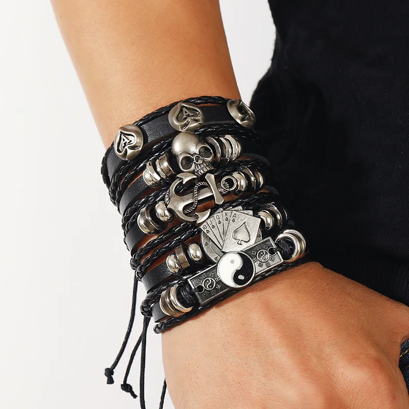 Fashion Black Skull Multi-layer Beaded Hand Leather Bracelet for Men Set Adjustable DIY Leather Winding Hand Rope leather bracelet,beaded bracelet
