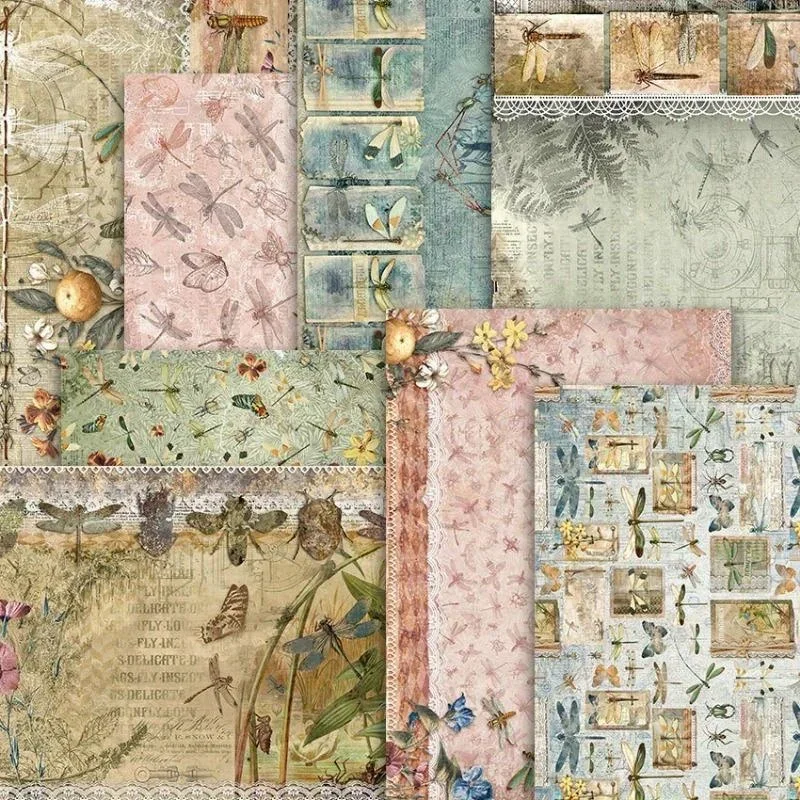 Dragonflies Scrapbook Paper Pad Assorted Pattern Decoupage Cardstock Vintage DIY Decorative Cardmaking Supplies 8pcs Junk